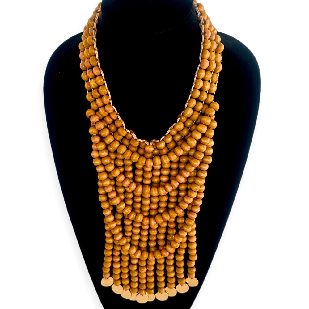 BOLD ARTISAN BIB | Handcrafted Tribal-Inspired Tiered Wood Bead Necklace | NEW - Picture 5 of 5